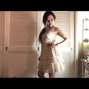 Ruffle flare mock neck crochet dress